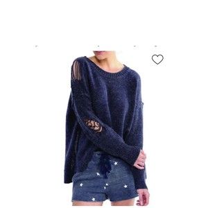 Wildfox After Party Sweater distressed Blue Womens size Small Long Sleeve